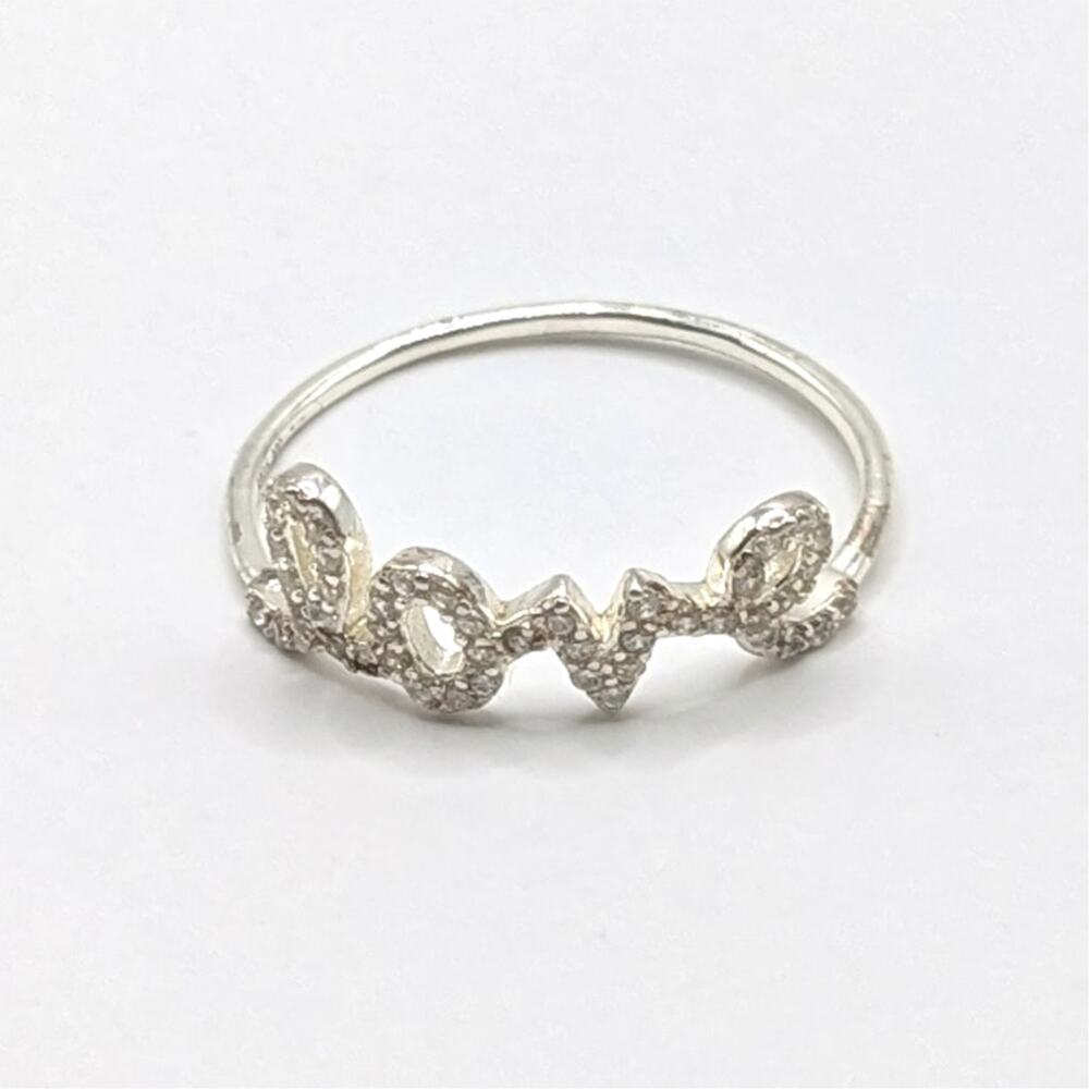 Sterling Silver 925 Dainty Sparkly CZ LOVE Script Ring Thin Band Size 6.75